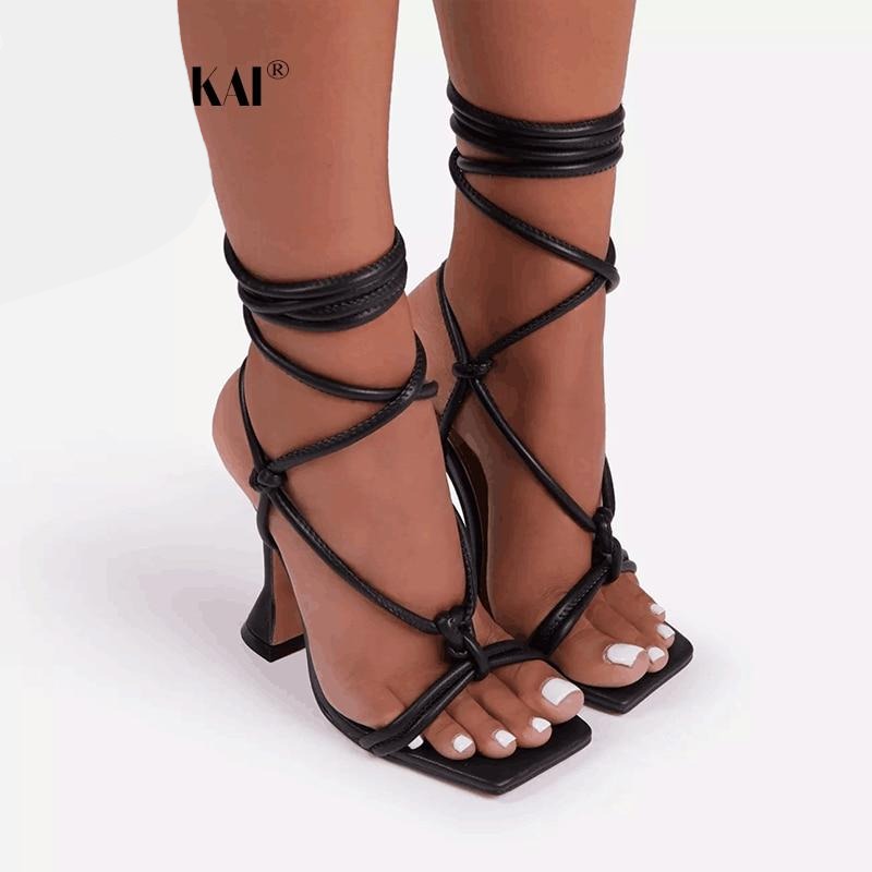 Square Head High Heeled Ankle Cross Lace-up Sandals - Flip Flop Labs