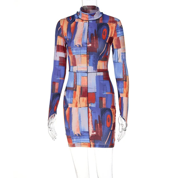Dulzura Tie Dye Print Long Sleeve Mini Dress High Neck Bodycon Sexy Streetwear Party Club Women 2021 Summer Clothes Slim Fashion