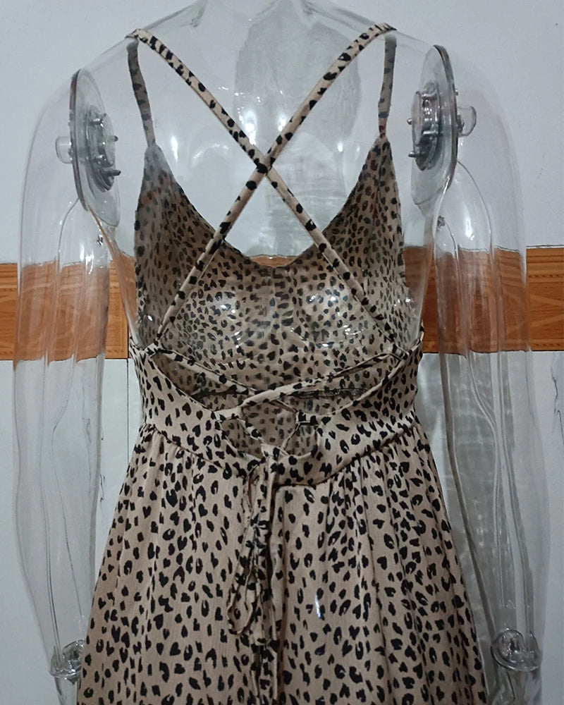 Ardm Sexy Leopard Print платьел етнее2021 Spaghetti Strap Backless Dresses Vintage Ruffled Lace Up Party Maxi Dress Vestidos