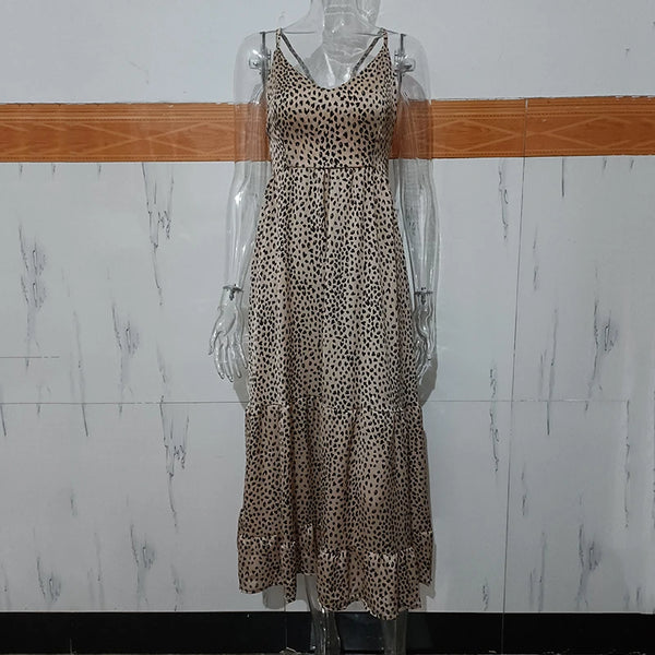 Ardm Sexy Leopard Print платьел етнее2021 Spaghetti Strap Backless Dresses Vintage Ruffled Lace Up Party Maxi Dress Vestidos