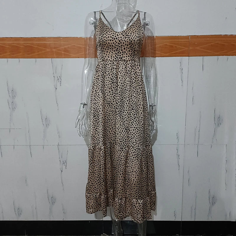Ardm Sexy Leopard Print платьел етнее2021 Spaghetti Strap Backless Dresses Vintage Ruffled Lace Up Party Maxi Dress Vestidos