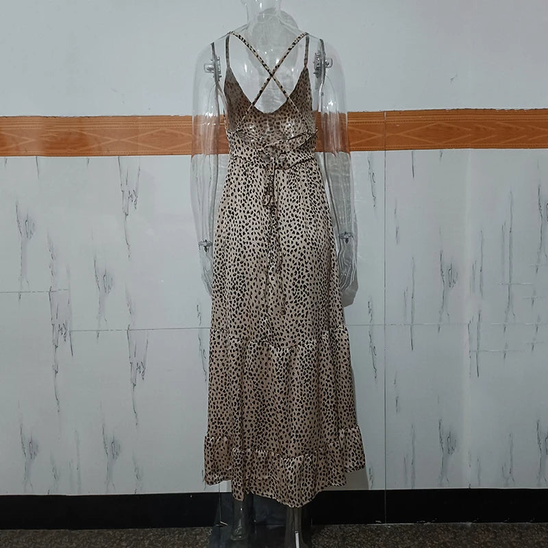 Ardm Sexy Leopard Print платьел етнее2021 Spaghetti Strap Backless Dresses Vintage Ruffled Lace Up Party Maxi Dress Vestidos