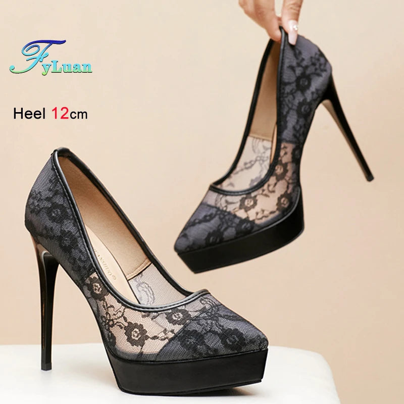 2025 New High Heels 12cm Women Platform Shoes Thin Heels Lace Mesh Hollow Pumps Lady Black Pointed Toe Stiletto Sexy Party Shoes