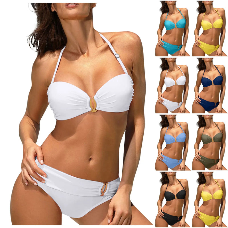 Fashionable Beach Style Bikini Suits For Women's Sexy Solid Color Neck Handing Neck Backless Bra With Chest Pad Split Swimsuit