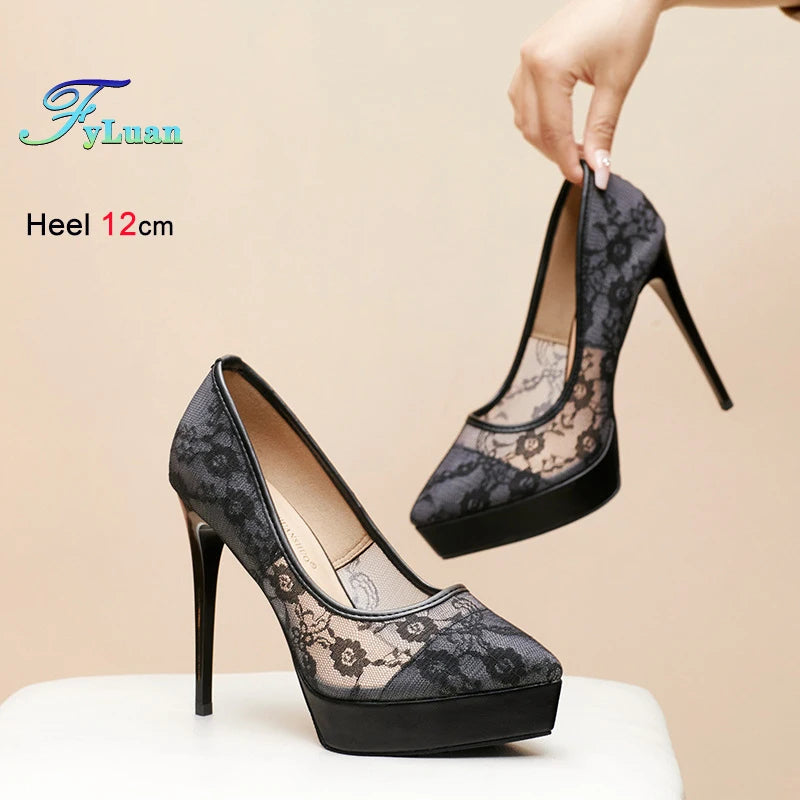 2025 New High Heels 12cm Women Platform Shoes Thin Heels Lace Mesh Hollow Pumps Lady Black Pointed Toe Stiletto Sexy Party Shoes