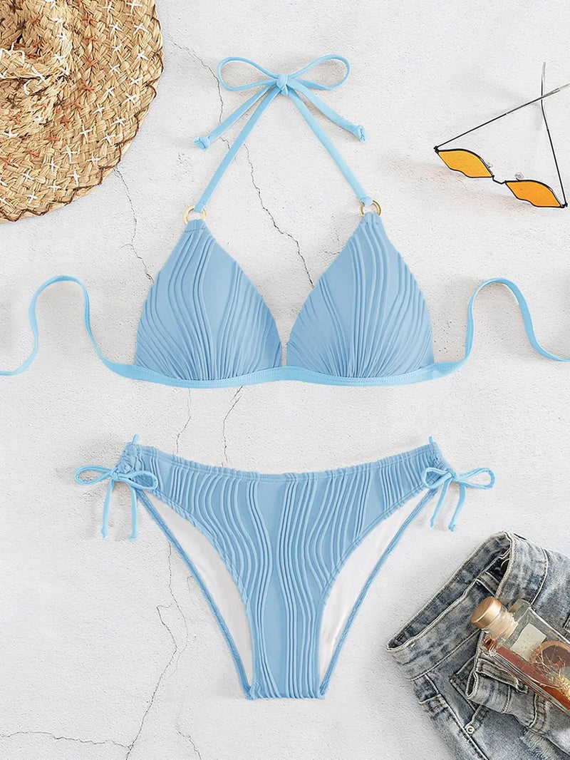 Bikini Set Women Low Waist Sexy Two Piece Swimsuit Women's Solid Color Black Lace-up Push Up Brazilian Bikinis Bathsuit