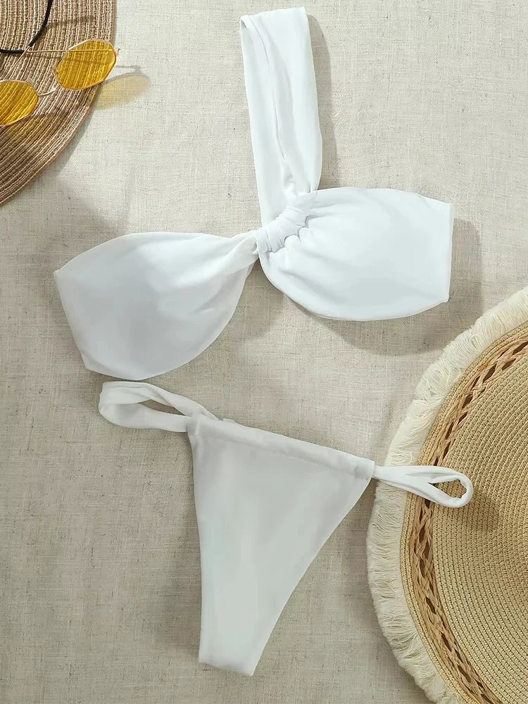 Bikini Set Women Sexy Sleeveless One Shoulder Swimsuit Two-Piece Swimwear 2025 Summer New Fashion Solid Color Bathing Beachwear - Flip Flop Labs