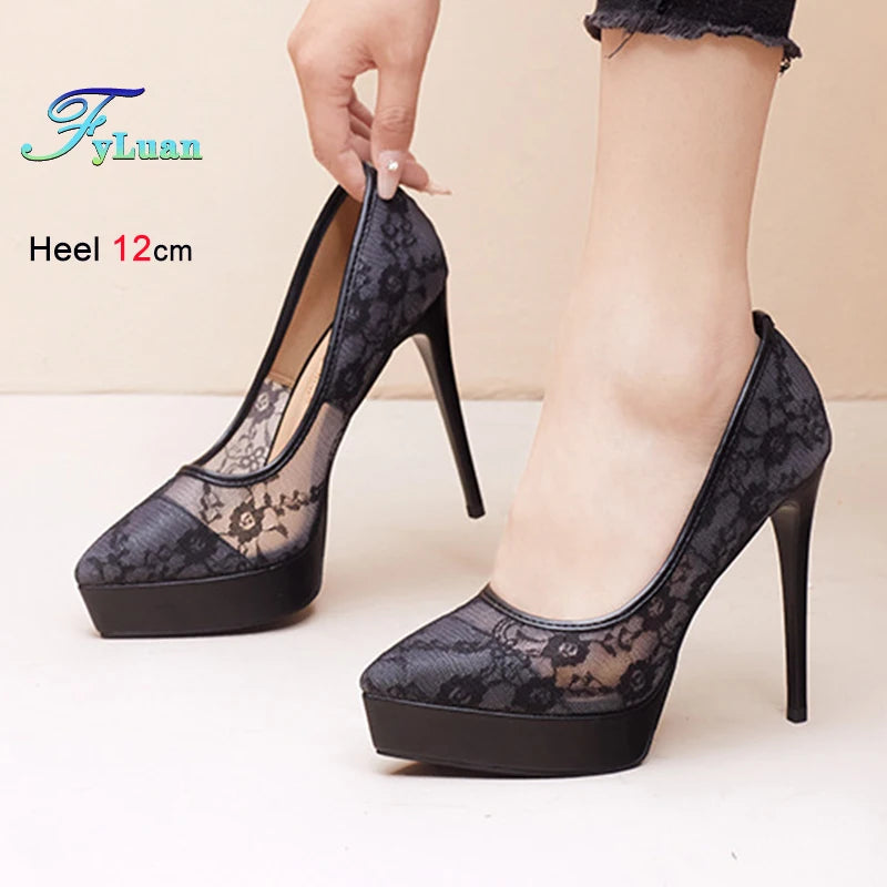 2025 New High Heels 12cm Women Platform Shoes Thin Heels Lace Mesh Hollow Pumps Lady Black Pointed Toe Stiletto Sexy Party Shoes