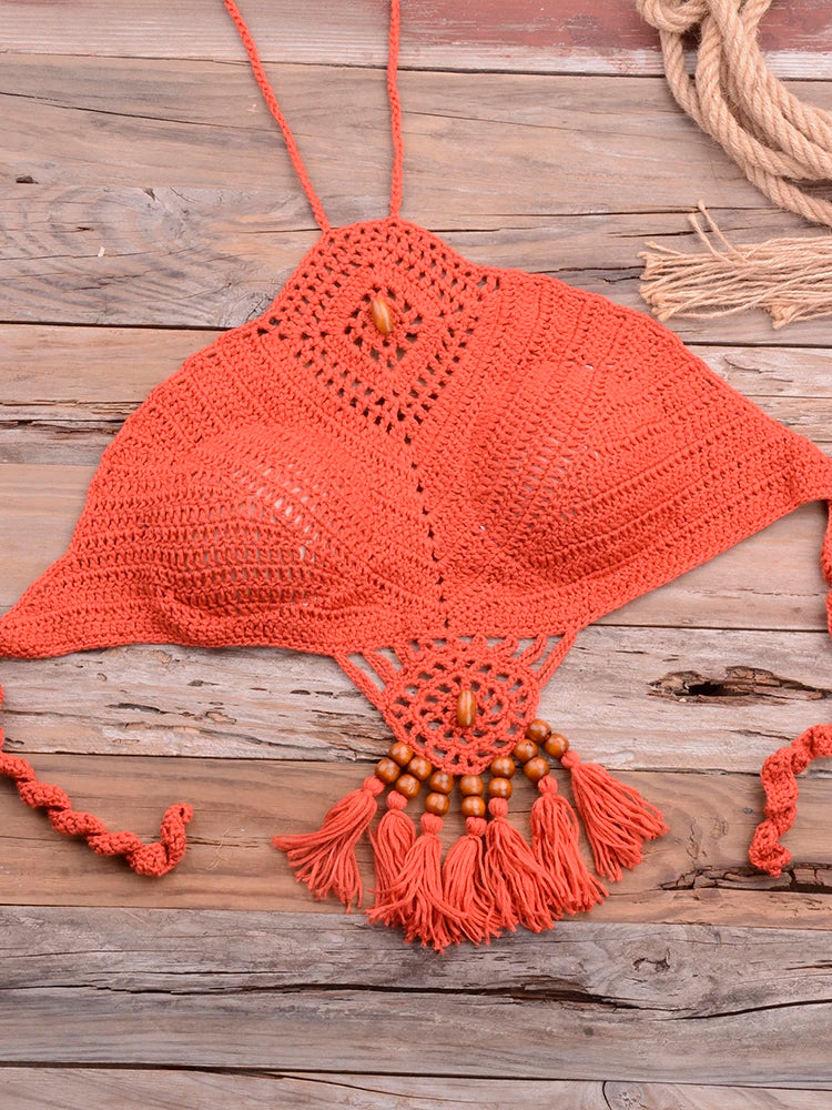 Bikini 2022 knitting Swimsuit Crochet Bikini Bohemia Style Off Shoulder High Neck Bathing Beach Bikinis Handmade Crochet Bikini
