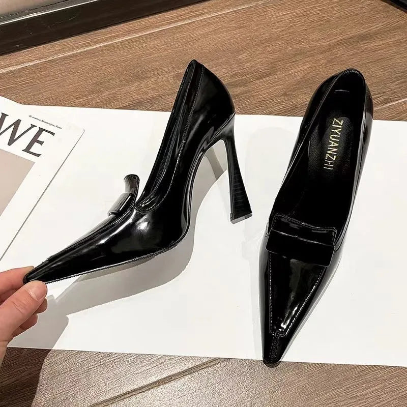 2025 Early Spring New High Heels for Women's Sexy Leather Small Square Buckle Pointed Toe Shallow Mouth Elegant Slim Heels Shoes