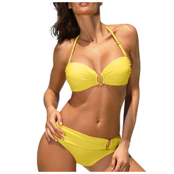 Fashionable Beach Style Bikini Suits For Women's Sexy Solid Color Neck Handing Neck Backless Bra With Chest Pad Split Swimsuit