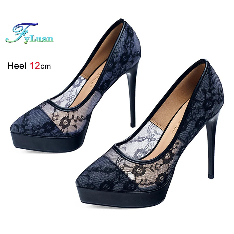 2025 New High Heels 12cm Women Platform Shoes Thin Heels Lace Mesh Hollow Pumps Lady Black Pointed Toe Stiletto Sexy Party Shoes