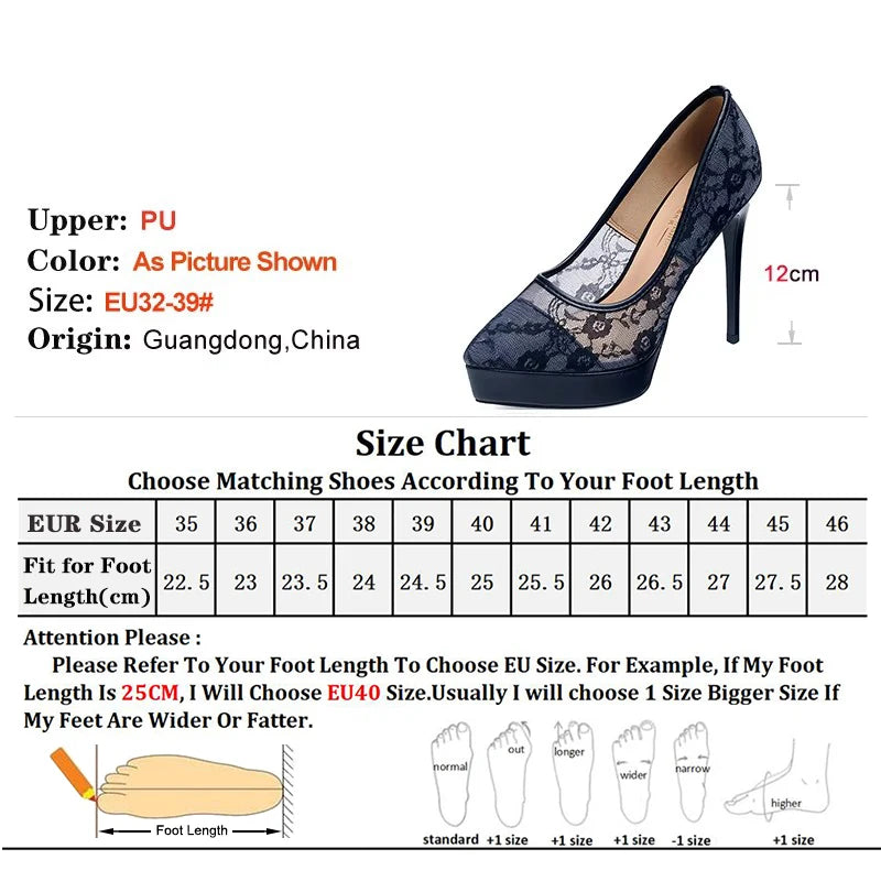 2025 New High Heels 12cm Women Platform Shoes Thin Heels Lace Mesh Hollow Pumps Lady Black Pointed Toe Stiletto Sexy Party Shoes