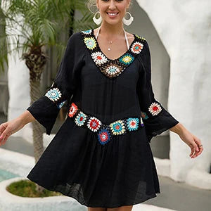 Women Beach Tunic Dress Cover-Ups Black Long Cover Up Knitted Crochet Flower Beachwear Bikini Ups Summer Boho Dresses