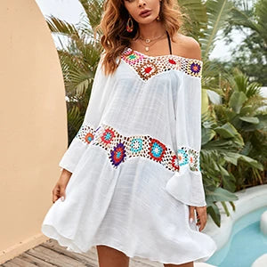 Women Beach Tunic Dress Cover-Ups Black Long Cover Up Knitted Crochet Flower Beachwear Bikini Ups Summer Boho Dresses
