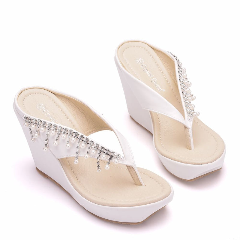 Crystal & Pearl Accents High Wedge Flip Flops