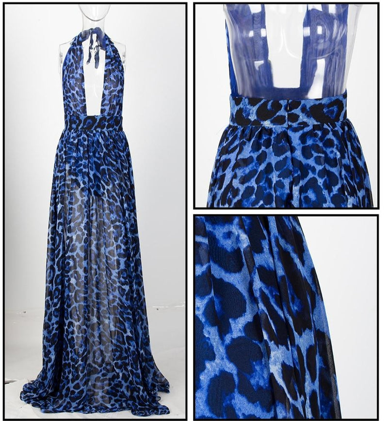 V-Neck Open Back Leopard Chiffon Maxi Dress - Flip Flop Labs