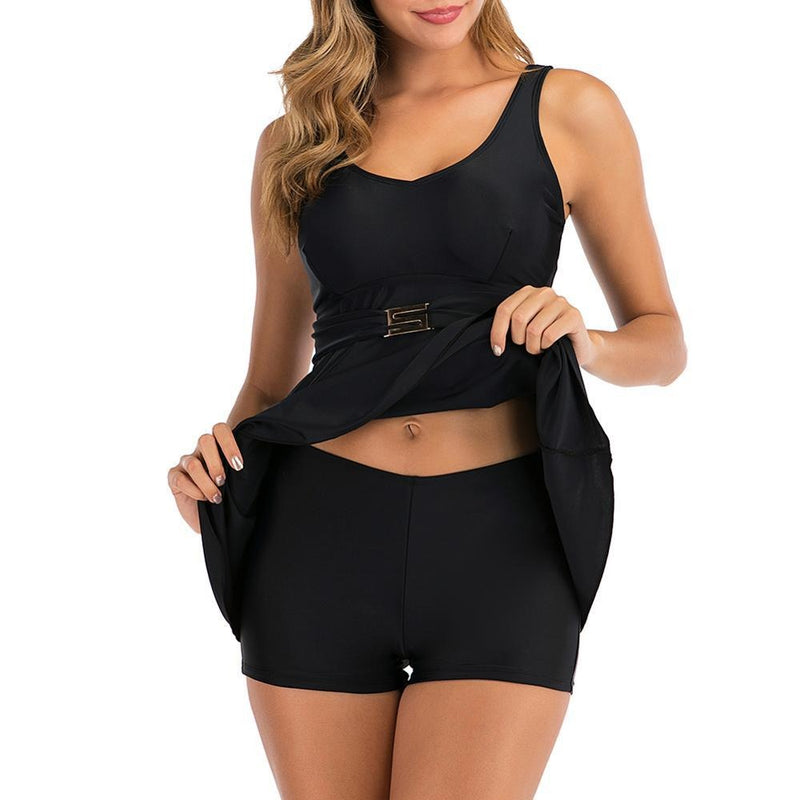 Solid Black Tankini Swimsuit with Gold S-Belt - Flip Flop Labs