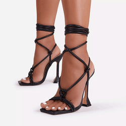Square Head High Heeled Ankle Cross Lace-up Sandals - Flip Flop Labs