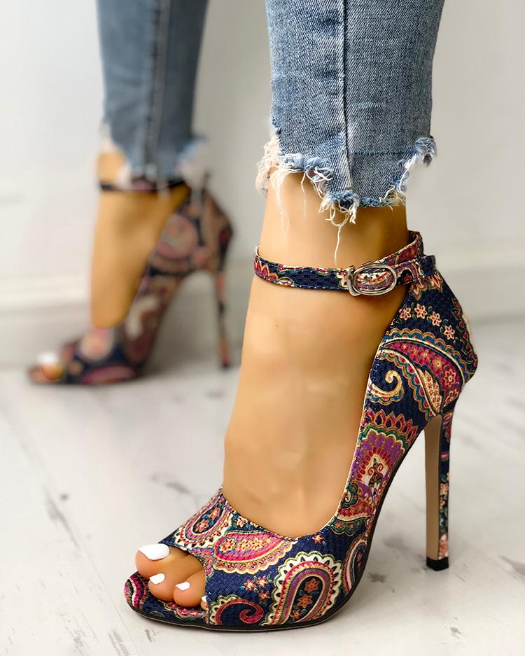 Paisley Peep Toe Ankle Strap Thin Heeled Sandals - Flip Flop Labs