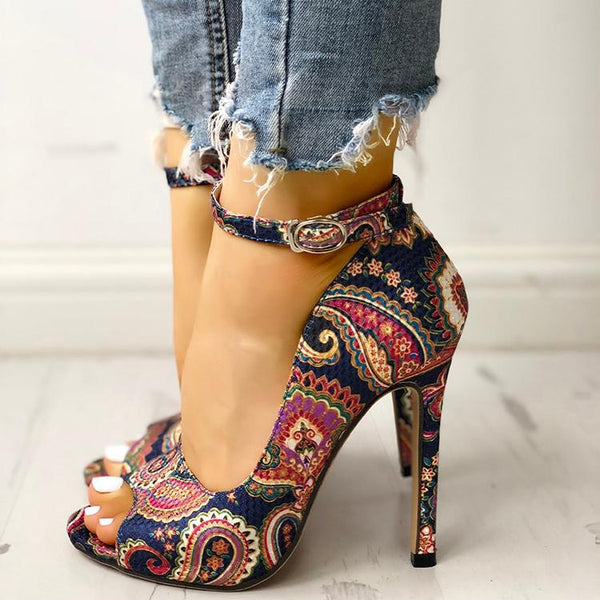 Paisley Peep Toe Ankle Strap Thin Heeled Sandals - Flip Flop Labs